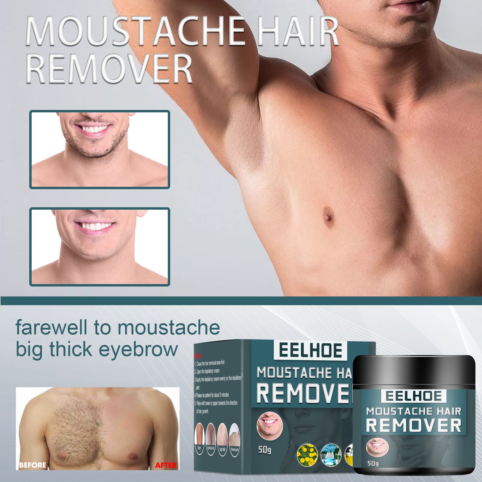 Men's Hair Removal Cream, Facial Armpit Leg Chest Hair Clean Not Damaging Skin Hair Removal Cream