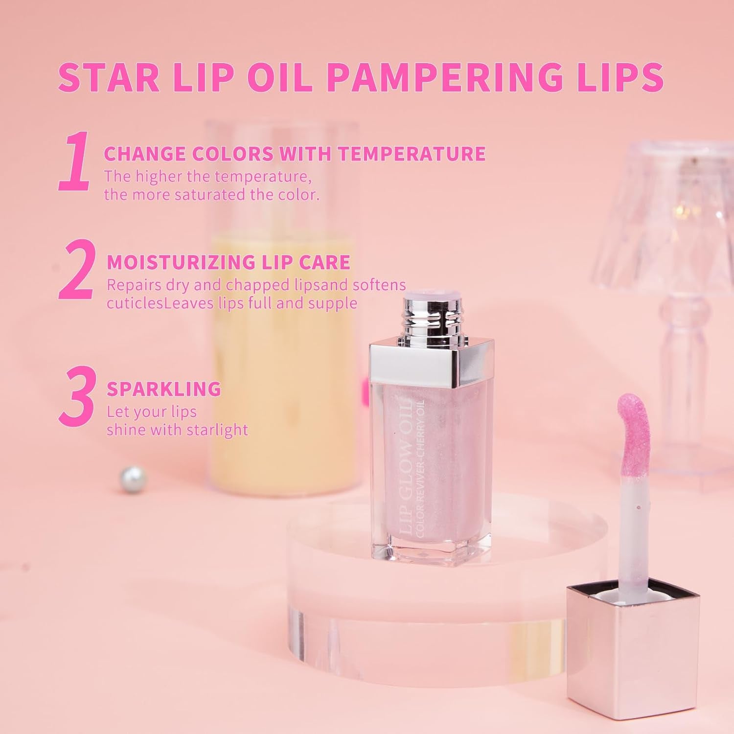 Magic Color Changing Lip Oil Moisturizing Lip Glow Oil, Big Brush Plumping Glimmer Lip Gloss, Long Lasting & Nourishing Lip Glow Oil Non-Sticky Fresh Texture Lip Gloss Lip Tint(Pink)