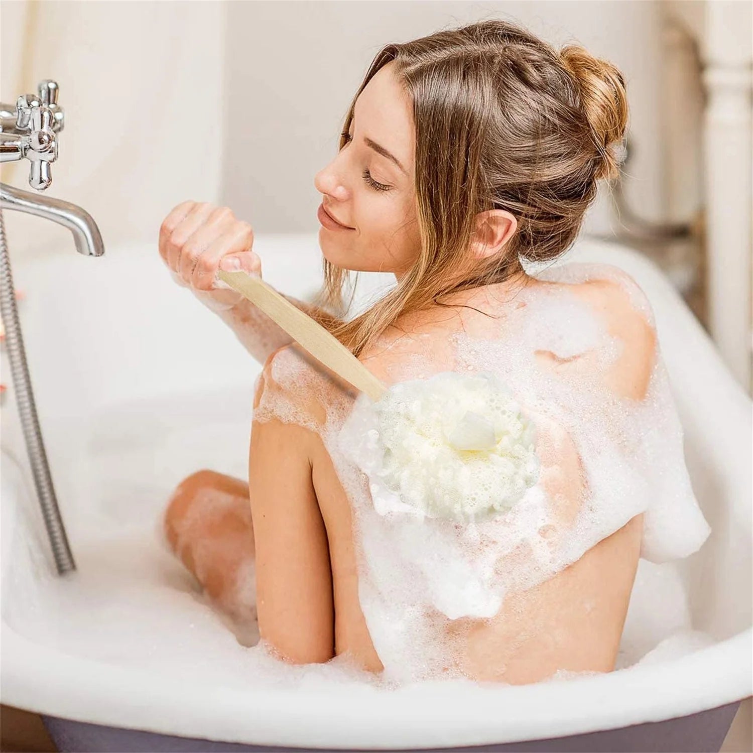 Loofah Back Scrubber for Shower,Bath Mesh Ball Shower Brush for Shower with Long Handle, Loofah on a Stick for Exfoliating, Mesh Back Cleaner Washer for Women & Men (White)