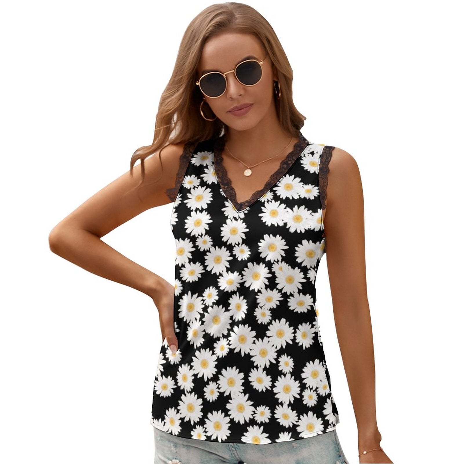 Black Chrysanthemum Women's V-Neck Sleeveless Top