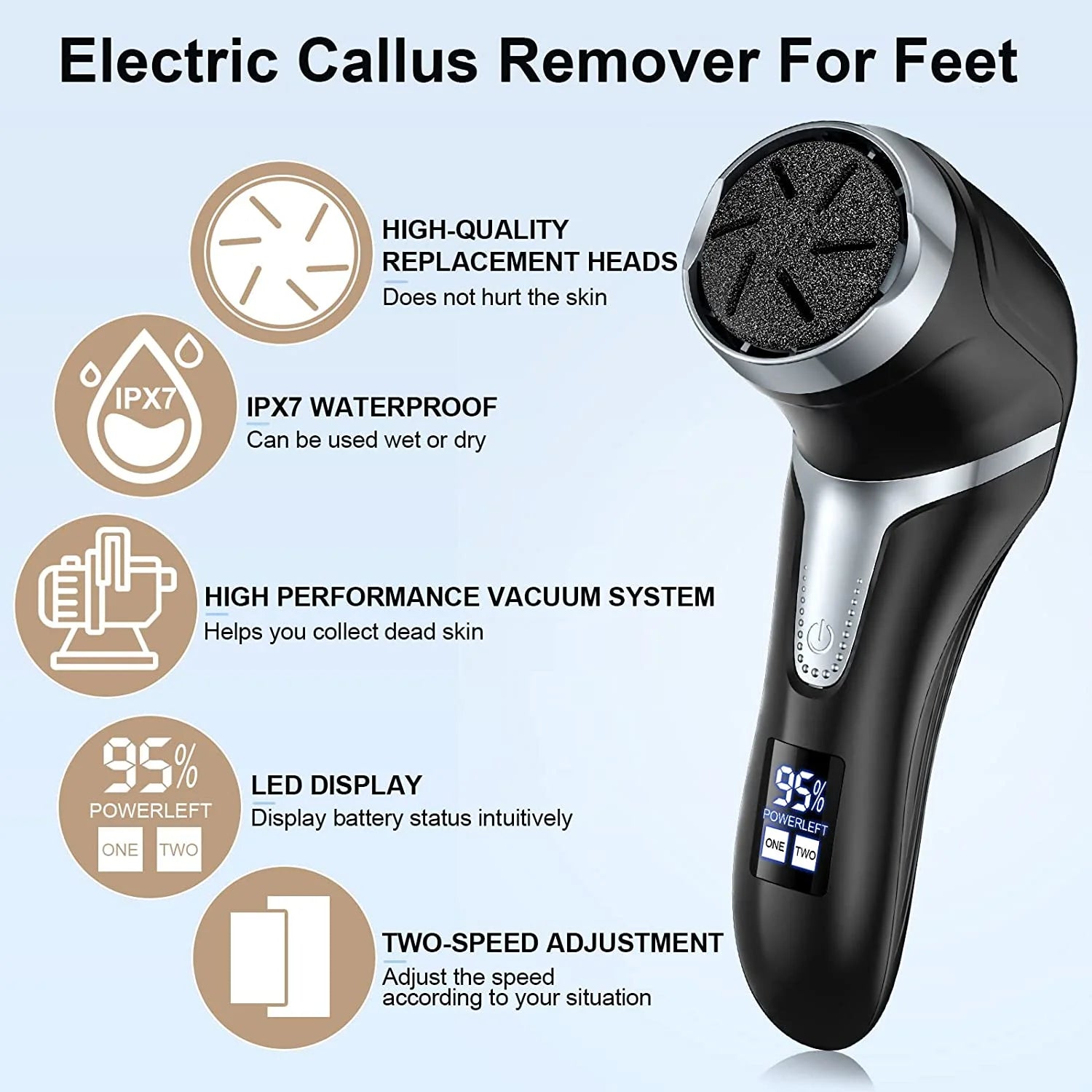 Electric Foot Callus Remover with Vacuum Cleaner, Rechargeable Foot File Dead Skin Remover with 2 Speed, 3 Grinding Head, LCD Display, Professional Kit for Foot Care Black
