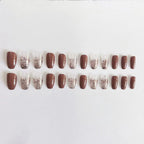Coffin Press on Nails Medium Ballerina Fake Nails Glossy Glue on Nails Brown Gradient Acrylic Nails with Brown Glitter False Nails Designs 24 Pcs