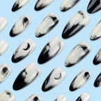 Press on Nails Medium Almond Fake Nails Glossy Glue on Nails Goth Black Ombre Acrylic Nails Stiletto Artificial Nails Gothic Moon Stick on False Nails with Design 24 Pcs