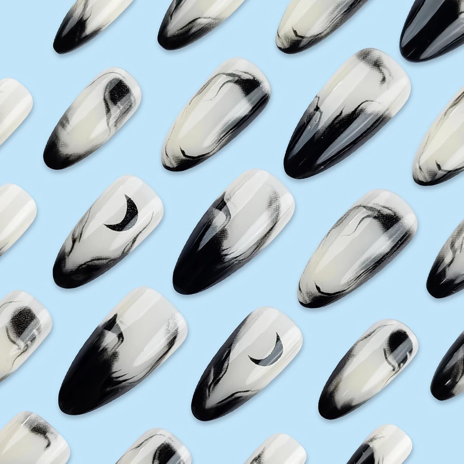 Press on Nails Medium Almond Fake Nails Glossy Glue on Nails Goth Black Ombre Acrylic Nails Stiletto Artificial Nails Gothic Moon Stick on False Nails with Design 24 Pcs