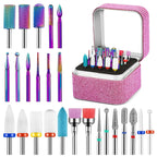25Pcs Nail Drill Bits Set with Storage Box, 3/32 Inch Tungsten Ceramic Diamond Carbide Nail Drill Bits for Acrylic Gel Polish, Cuticle Efile Remover for Manicure Pedicure