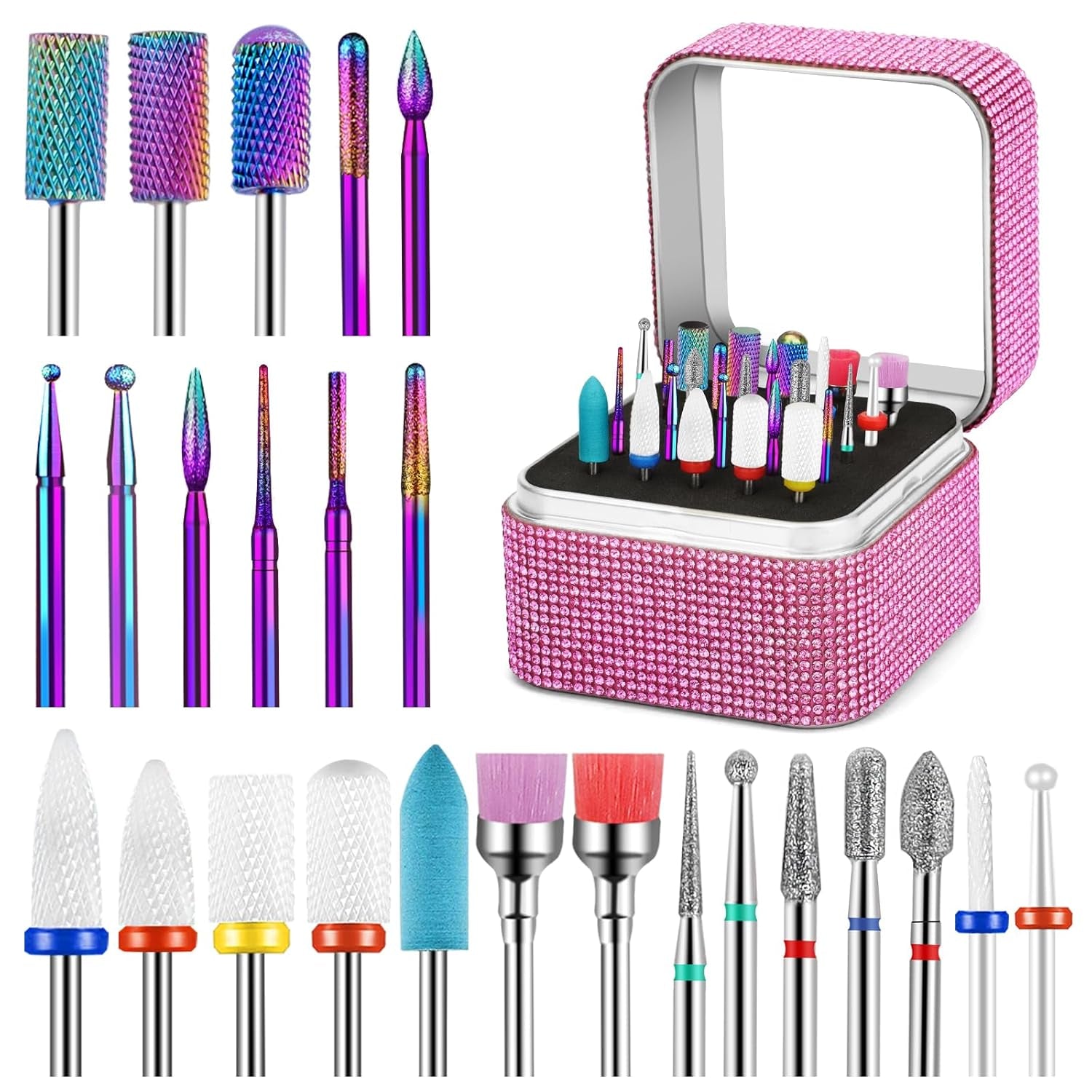 25Pcs Nail Drill Bits Set with Storage Box, 3/32 Inch Tungsten Ceramic Diamond Carbide Nail Drill Bits for Acrylic Gel Polish, Cuticle Efile Remover for Manicure Pedicure