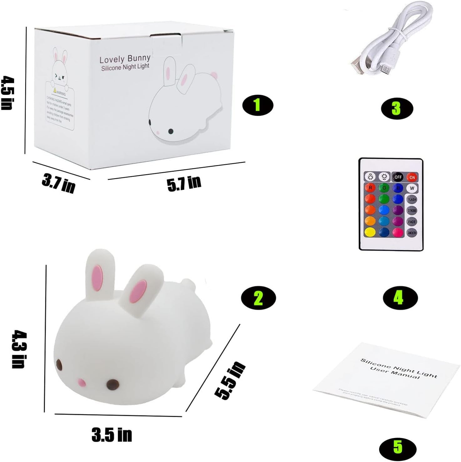 Cute Bunny Night Light, USB Rechargeable Cute Night Ligh with Touch Sensor and Remote Control 4 Modes 16 Colors Kid Night Light for Girls, Childrens, Toddler, Baby, and Kids Christmas Gifts