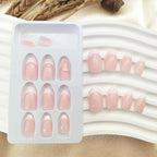 White French Tip Press on Nails - Short Oval Fake Nails for Daily Wear - Simple Glue on Light Pink Full Cover False Almond Acrylic Stick on Nails for Women - 24 Pcs