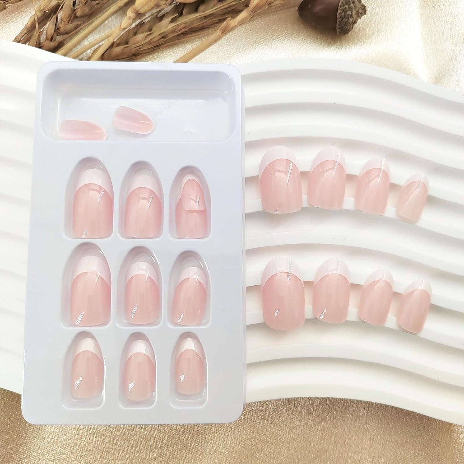 White French Tip Press on Nails - Short Oval Fake Nails for Daily Wear - Simple Glue on Light Pink Full Cover False Almond Acrylic Stick on Nails for Women - 24 Pcs