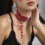 Gothic style pearl necklace choker creative Halloween blood drop tassel collarbone necklace