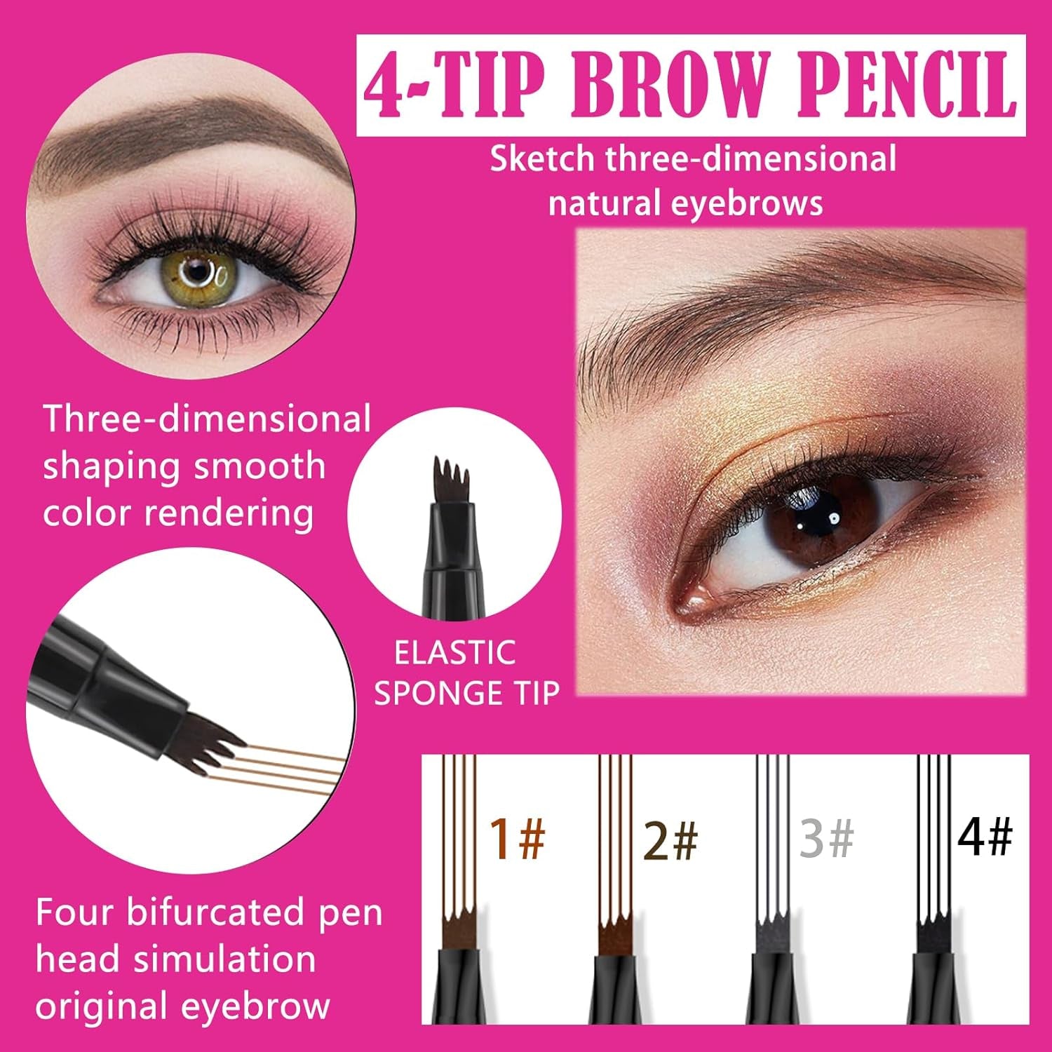 Eyebrow Pencil with 4 Micro-Fork Tip Precision Application Waterproof Smudge-Proof 24H Long-Lasting & Easy Glam Look Eyebrow Pen - 4# Black