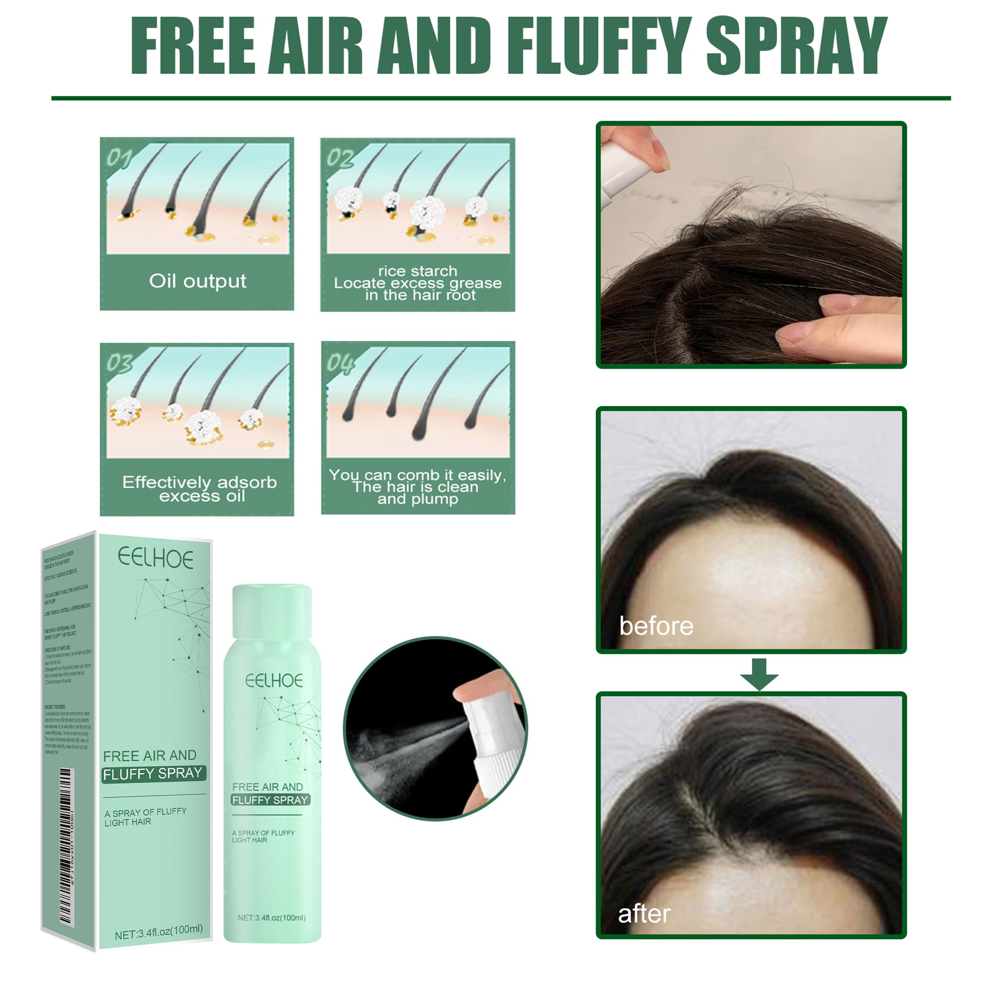No-Wash Dry Hair Spray, Air Fluffiness Remove Oil Dry And Cool Shampoo-free Dry Hair Agent