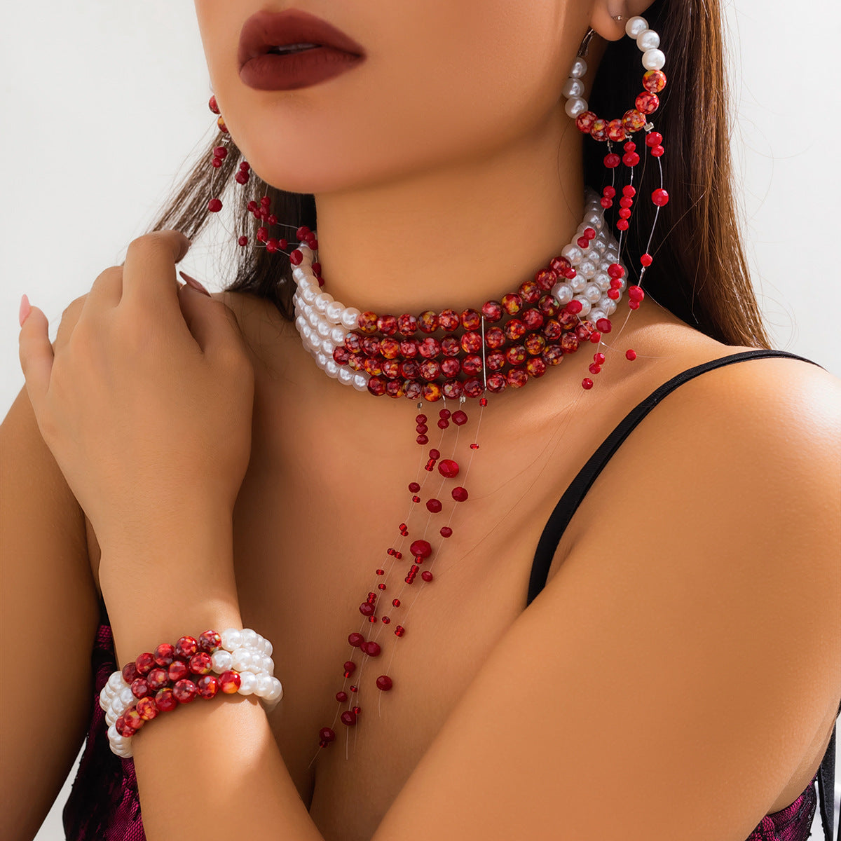 Gothic style pearl necklace choker creative Halloween blood drop tassel collarbone necklace
