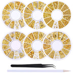 6 Boxes Gold Nail Charms Studs Rose Star Moon Feather Shape Metal Nail 3D Charm Kit 3D Nail Art Jewelry Decoration with 1Pc Tweezers and Picker Pencil Tools