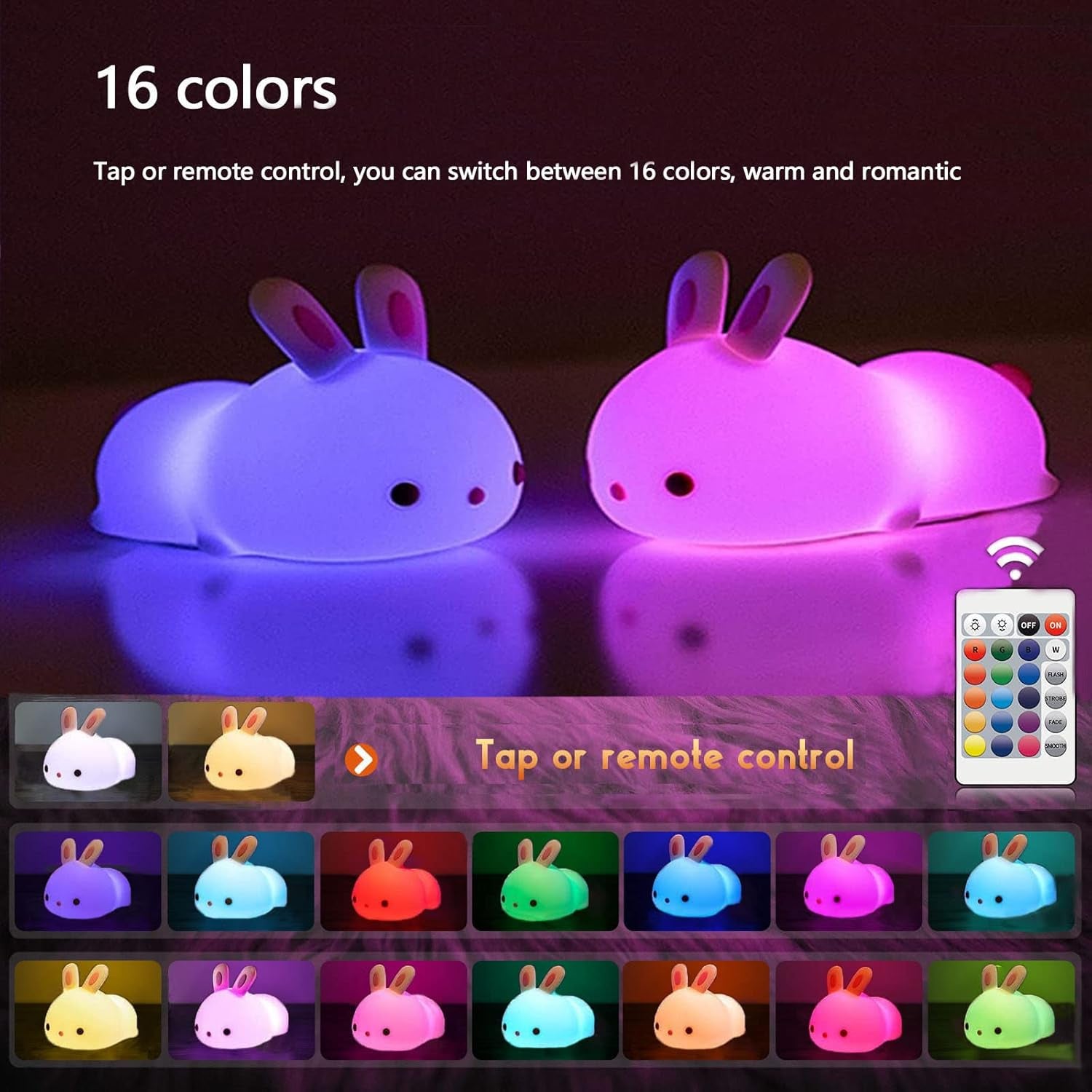 Cute Bunny Night Light, USB Rechargeable Cute Night Ligh with Touch Sensor and Remote Control 4 Modes 16 Colors Kid Night Light for Girls, Childrens, Toddler, Baby, and Kids Christmas Gifts