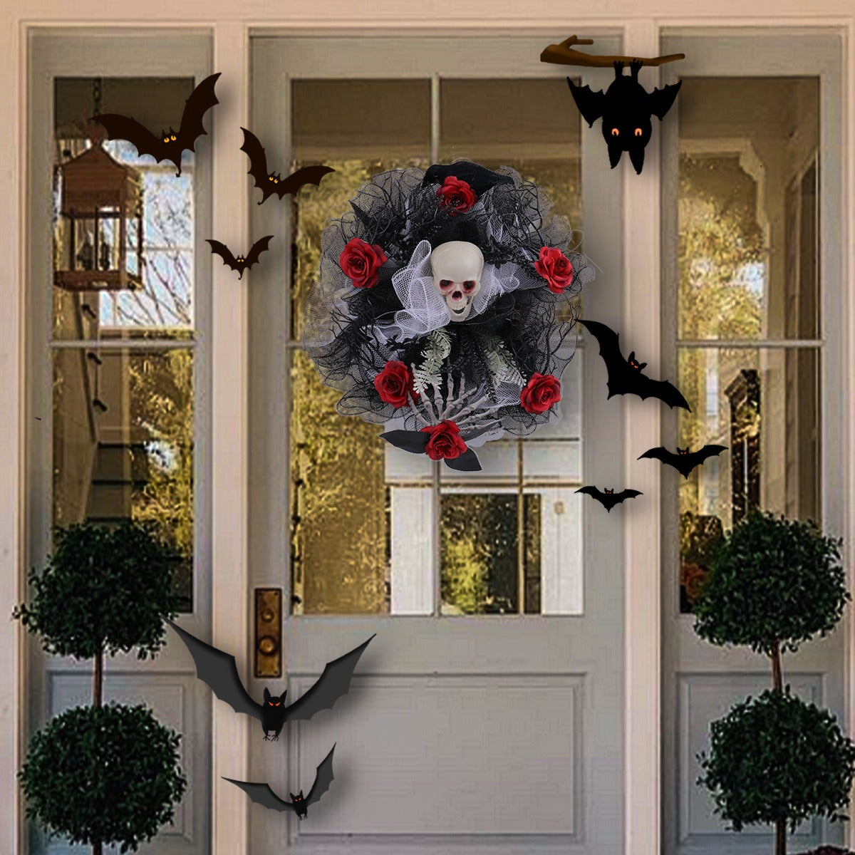 Halloween Red Rose Skull Mesh Wreath Door Hanging Ghost Festival Bar Party Horror Skull Decoration