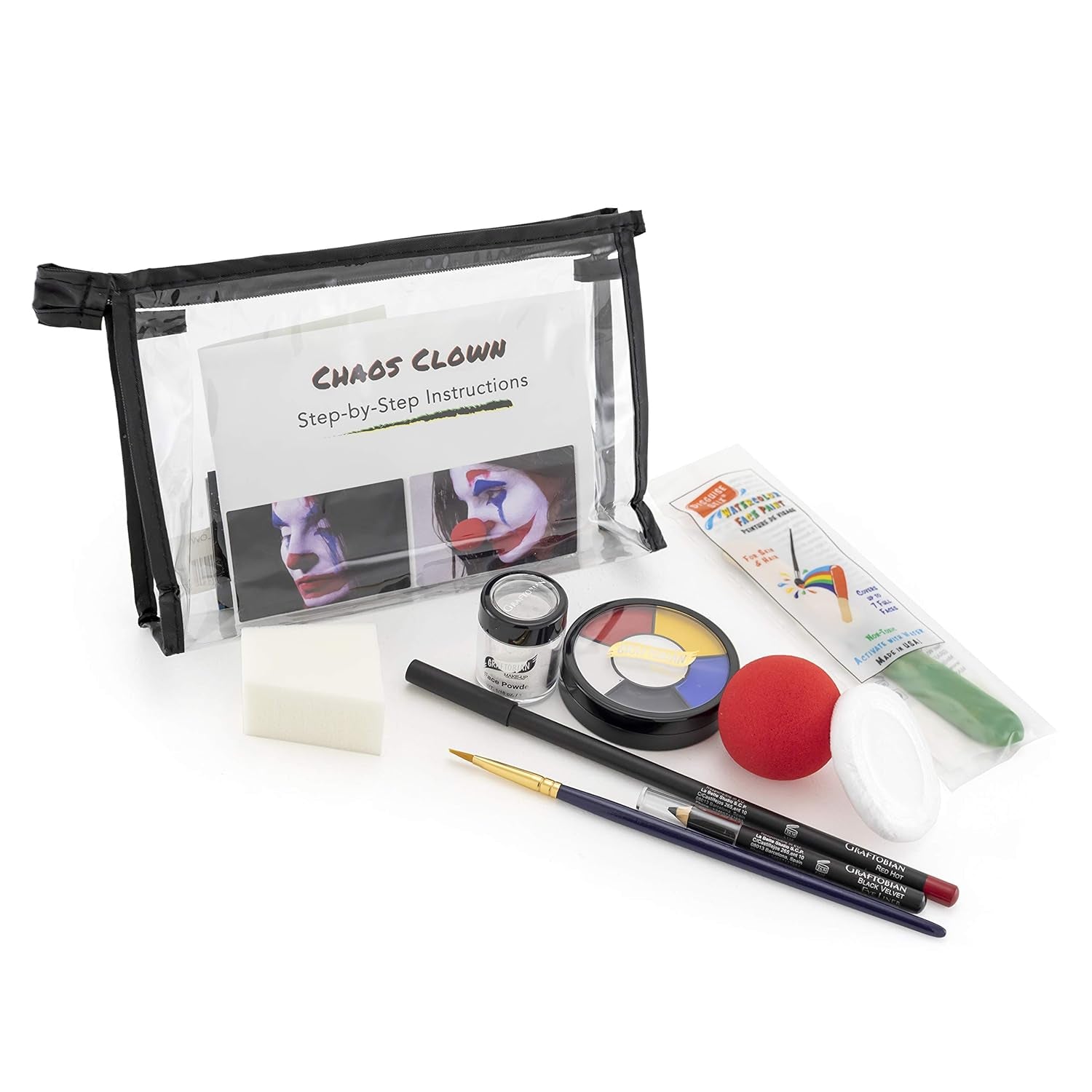 Chaos Clown Makeup Kit - Complete 10 Piece Set for Joker Jester or Clown Halloween Costume - Full Color Instructions (Standard)