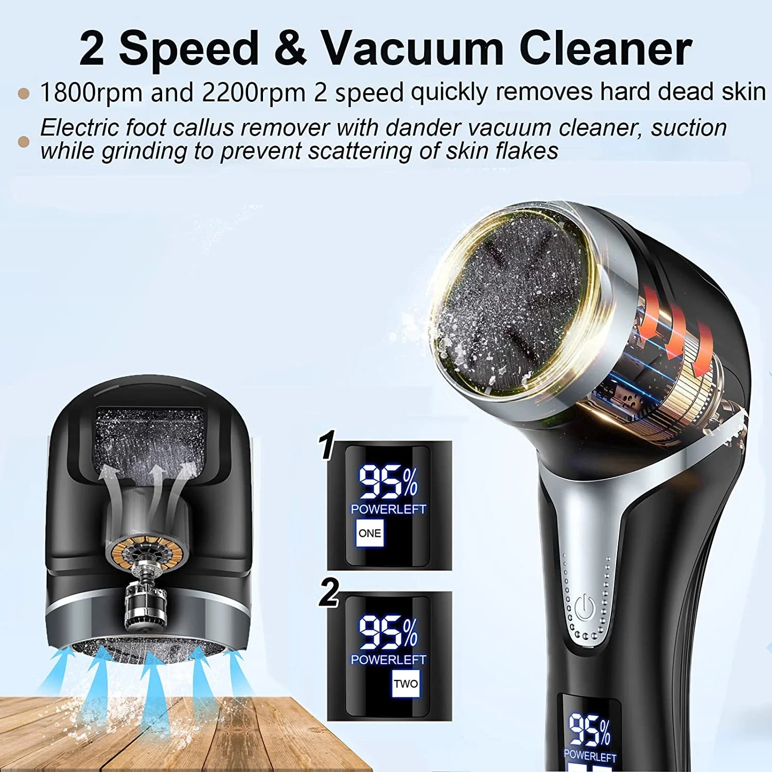 Electric Foot Callus Remover with Vacuum Cleaner, Rechargeable Foot File Dead Skin Remover with 2 Speed, 3 Grinding Head, LCD Display, Professional Kit for Foot Care Black