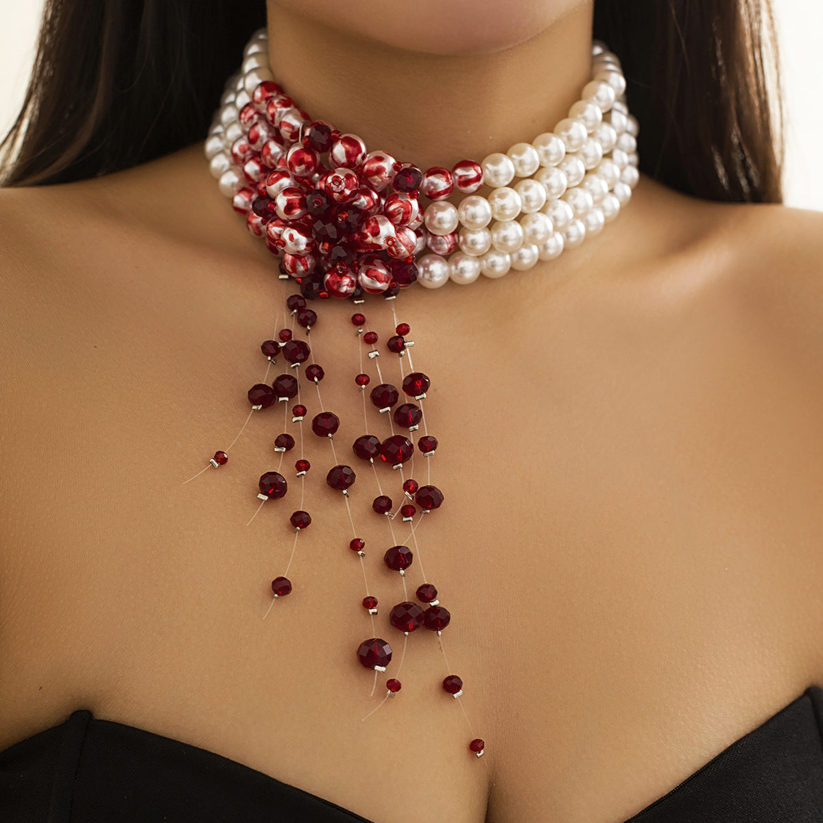 Gothic style pearl necklace choker creative Halloween blood drop tassel collarbone necklace