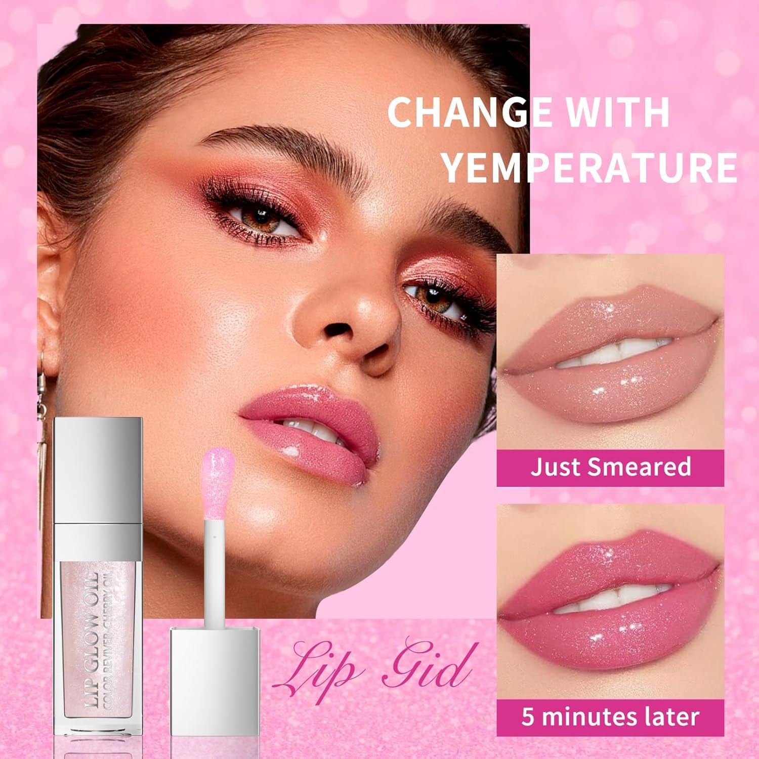Magic Color Changing Lip Oil Moisturizing Lip Glow Oil, Big Brush Plumping Glimmer Lip Gloss, Long Lasting & Nourishing Lip Glow Oil Non-Sticky Fresh Texture Lip Gloss Lip Tint(Pink)