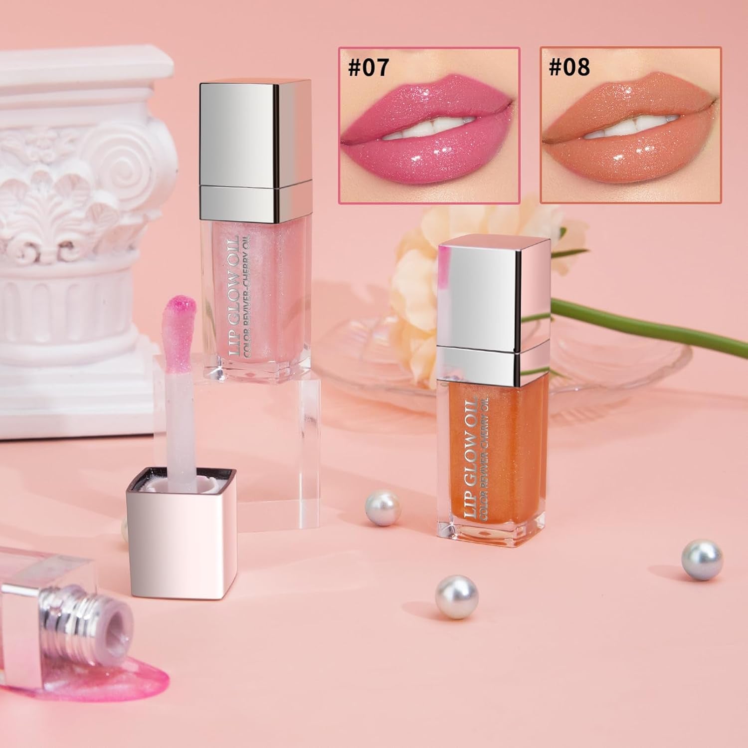 Magic Color Changing Lip Oil Moisturizing Lip Glow Oil, Big Brush Plumping Glimmer Lip Gloss, Long Lasting & Nourishing Lip Glow Oil Non-Sticky Fresh Texture Lip Gloss Lip Tint(Pink)