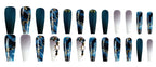 Long Press Coffin Fake Nails French Marble with Glitter Rhinestones Glue on Matte Stick Artificial for Women 24Pcs