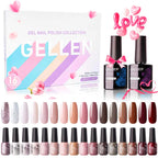 Gel Nail Polish Kit, 16 Colors Gel Polish Nudes Pink Red Brown Soak off Nail Gel Polish Set with Top and Base Coat, UV Nail Gel DIY Salon Nail Art Valentine Gift for Women