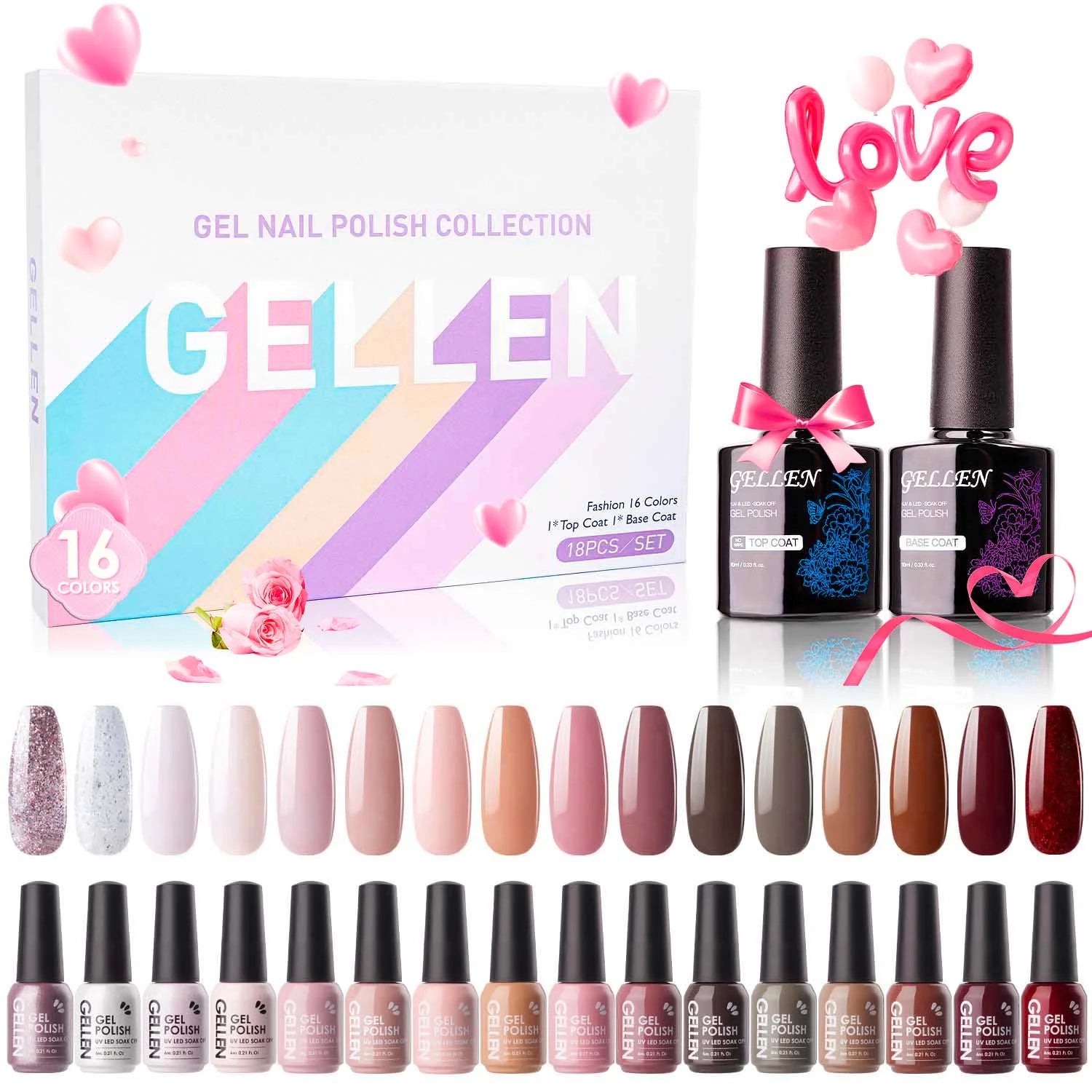 Gel Nail Polish Kit, 16 Colors Gel Polish Nudes Pink Red Brown Soak off Nail Gel Polish Set with Top and Base Coat, UV Nail Gel DIY Salon Nail Art Valentine Gift for Women
