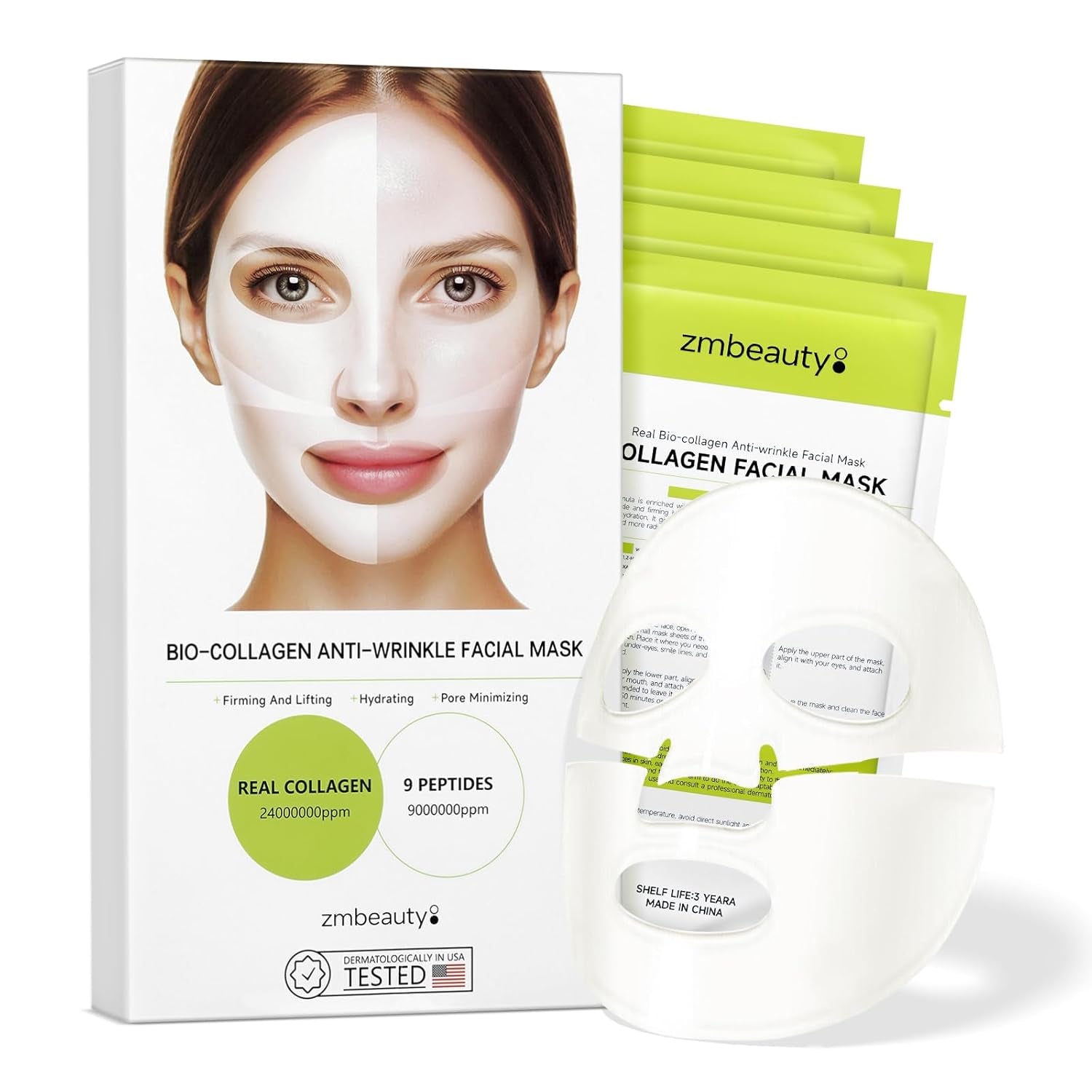 Collagen Face Mask, Bio-Collagen Mask Overnight for Skin Care, Anti-Wrinkle Facial Sheet Mask with 9 Peptides for Elasticity & Moisturizing, Collagen Night Wrapping Mask, 8 Pcs