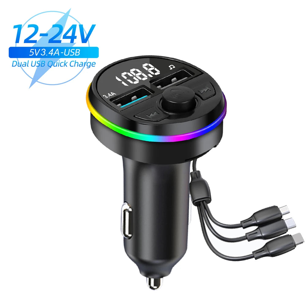 Bluetooth 5.0 FM Transmitter Car Kit MP3 Modulator Player Handsfree Audio Receiver with 3 in 1 Charge Cable for Iphone Huawei