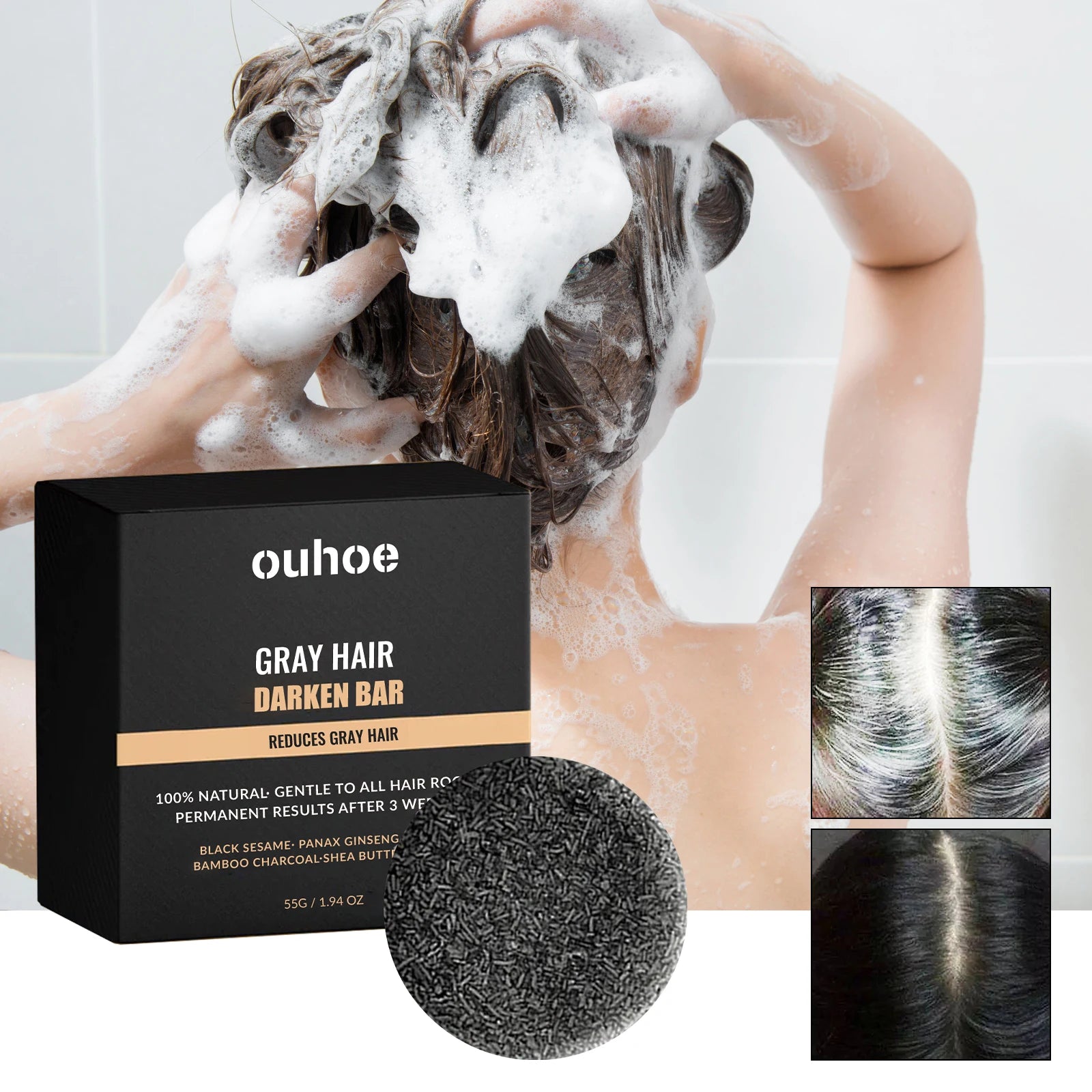 55g Ouhoe White Hair Turn Black Soap Hair Regeneration Nourish Repair Deep Clean Natural Permanent Dark Coverage Black Hair Soap