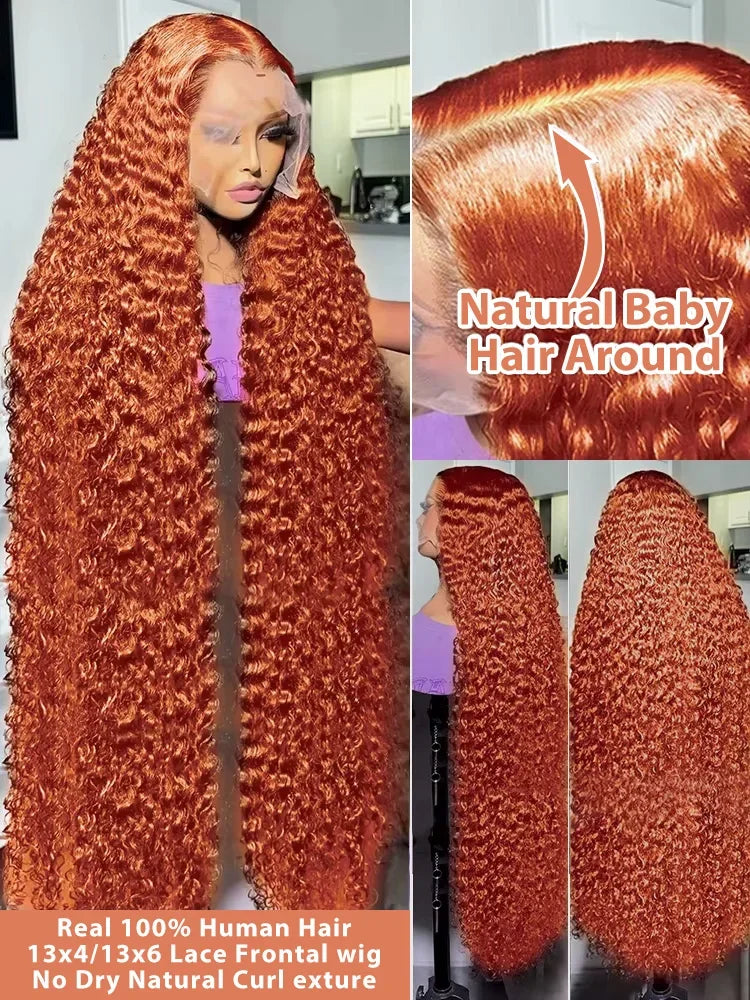 Mossily Orange Ginger Lace Front Wig Human Hair 40 Inch Curly Lace Front Human Hair Wig Deep Wave 13X4 13X6 Hd Lace Frontal Wigs