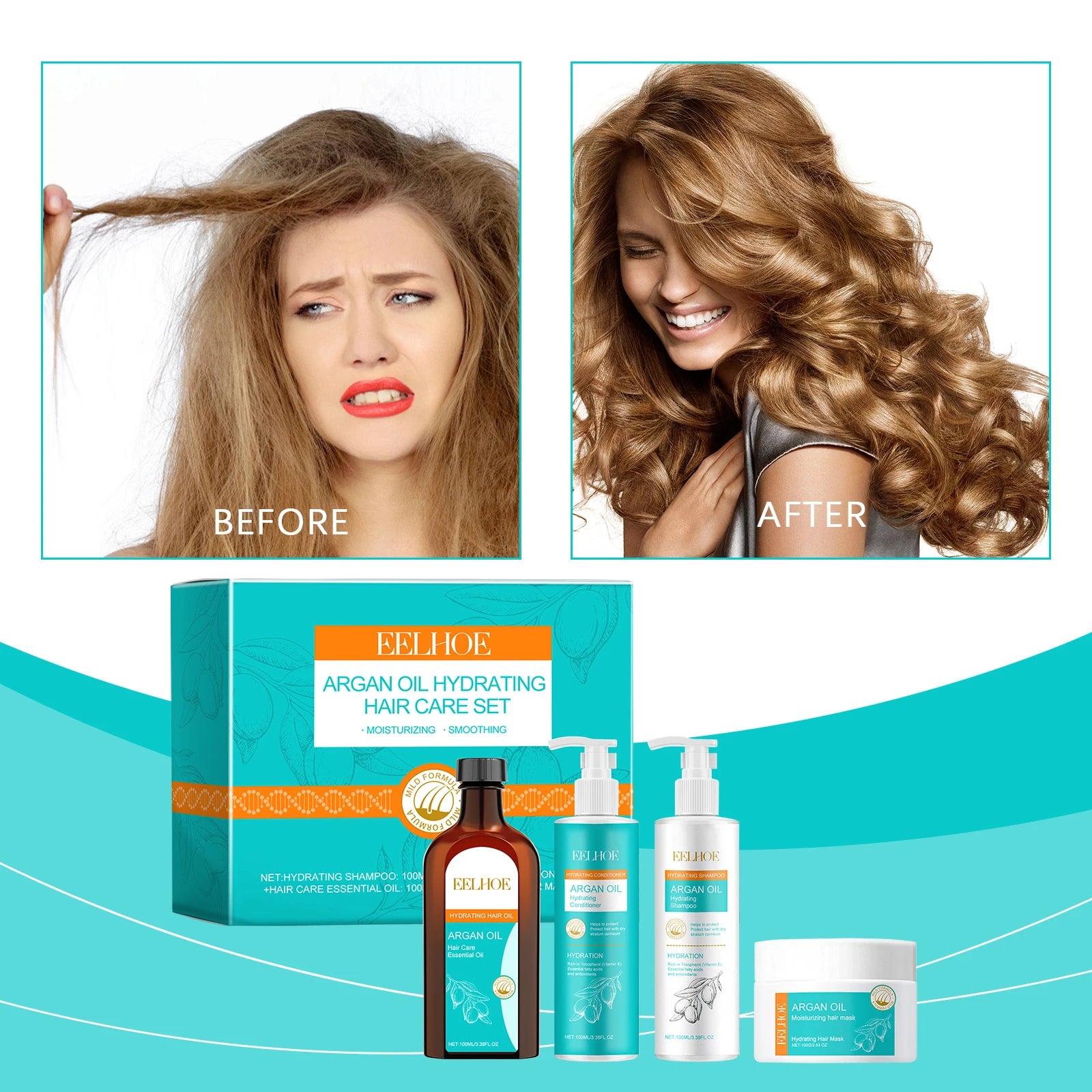 300ml And 100g Eelhoe Moroccan Nut Oil Moisturize Hair Care Set Deep Nourish Oil Control Repair Hair Plant Growth Shampoo Set
