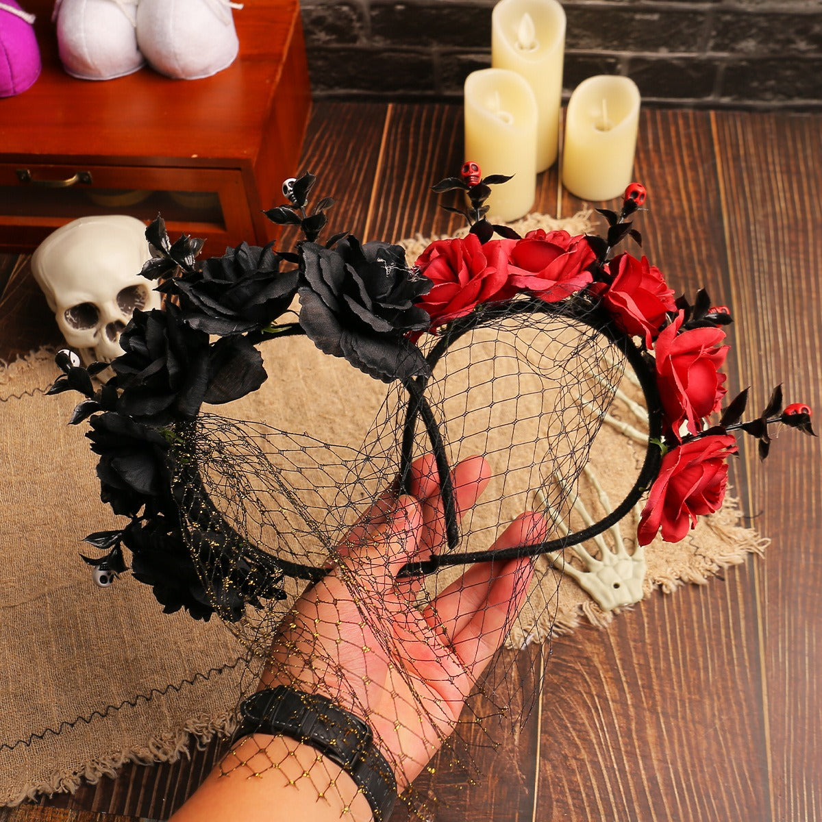 Halloween rose mesh headband ghost festival performance party headband dark floral wreath headband