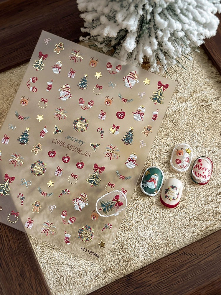 Color Christmas Tree Nail Stickers Four Eight-Pointed Stars Bows Garland Exquisite Lines Embossed Nails