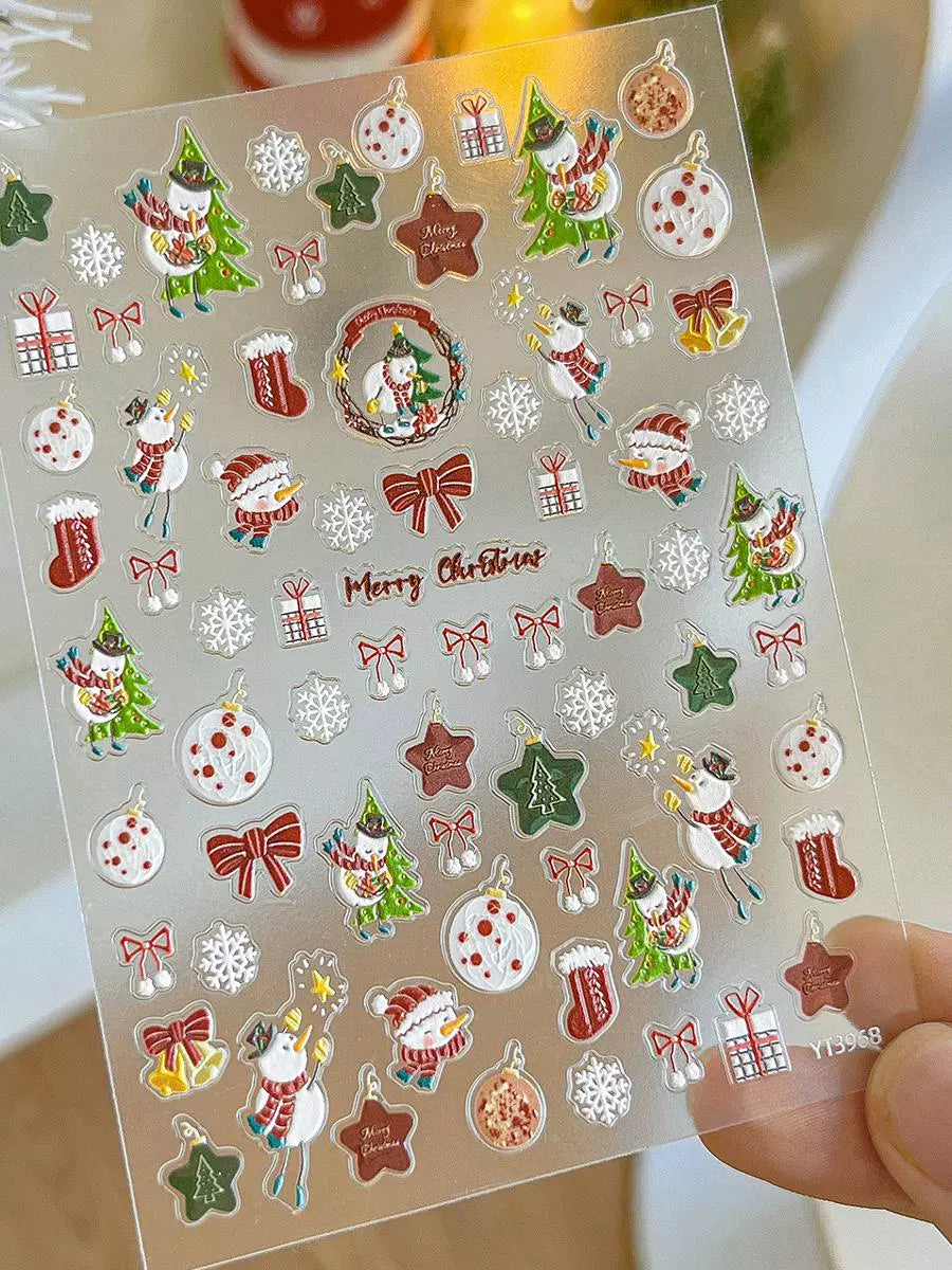 Color Christmas Tree Nail Stickers Four Eight-Pointed Stars Bows Garland Exquisite Lines Embossed Nails