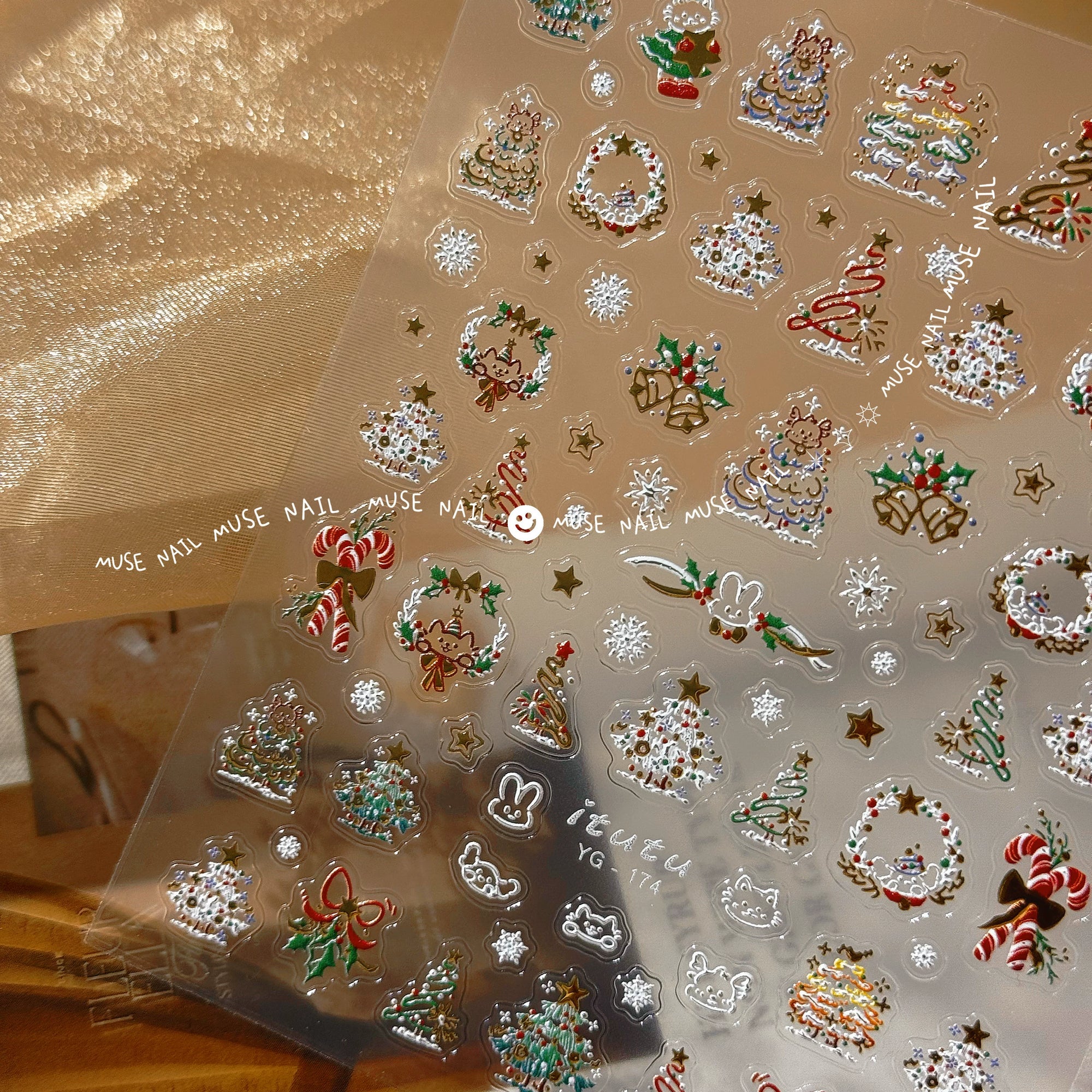 Color Christmas Tree Nail Stickers Four Eight-Pointed Stars Bows Garland Exquisite Lines Embossed Nails