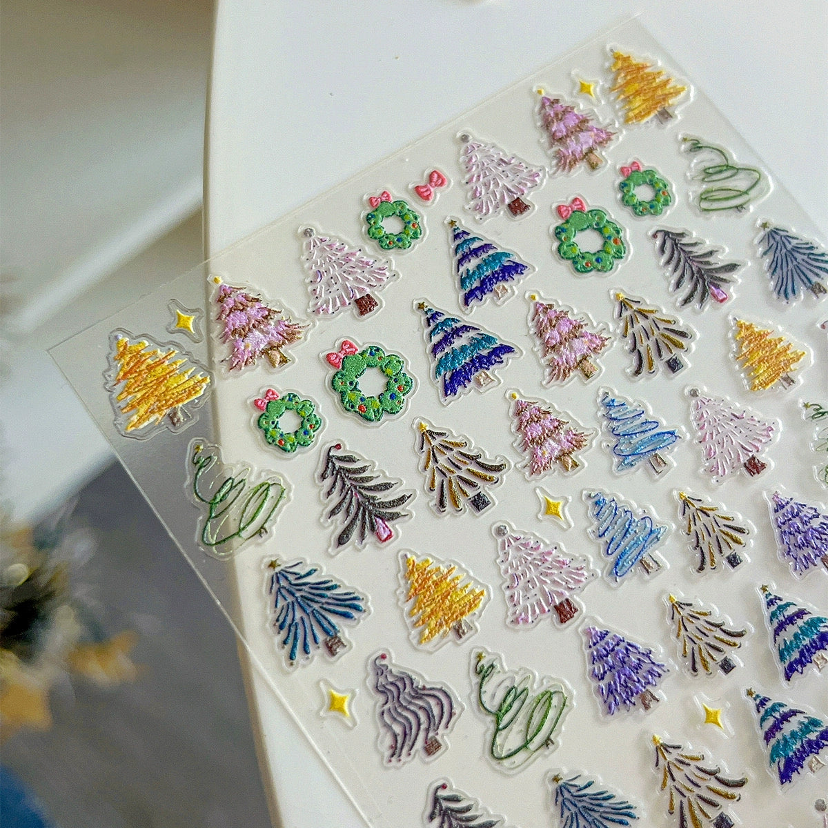 Color Christmas Tree Nail Stickers Four Eight-Pointed Stars Bows Garland Exquisite Lines Embossed Nails