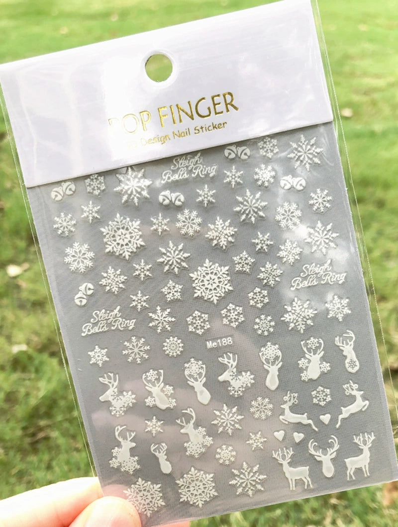 Manicure Christmas Stickers Old Elk White Snowflake Nail Decals Waterproof Ultra-Thin Three-Dimensional Self-Adhesive Adhesive