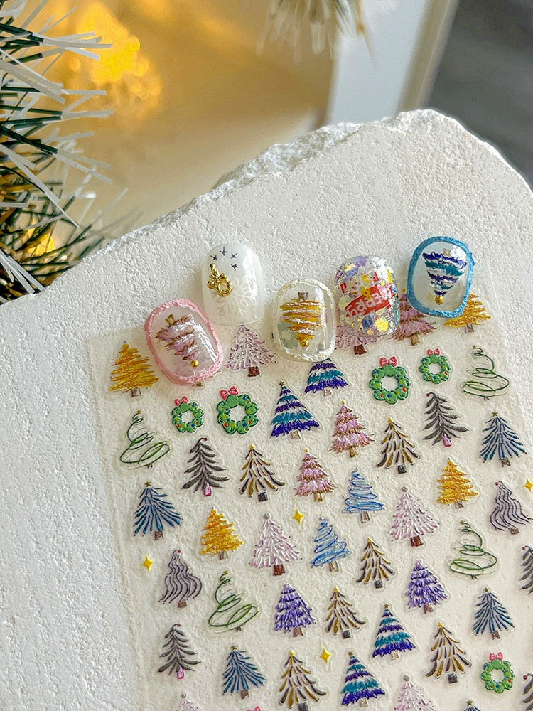 Color Christmas Tree Nail Stickers Four Eight-Pointed Stars Bows Garland Exquisite Lines Embossed Nails