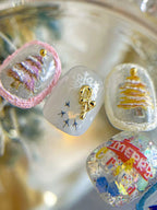 Color Christmas Tree Nail Stickers Four Eight-Pointed Stars Bows Garland Exquisite Lines Embossed Nails