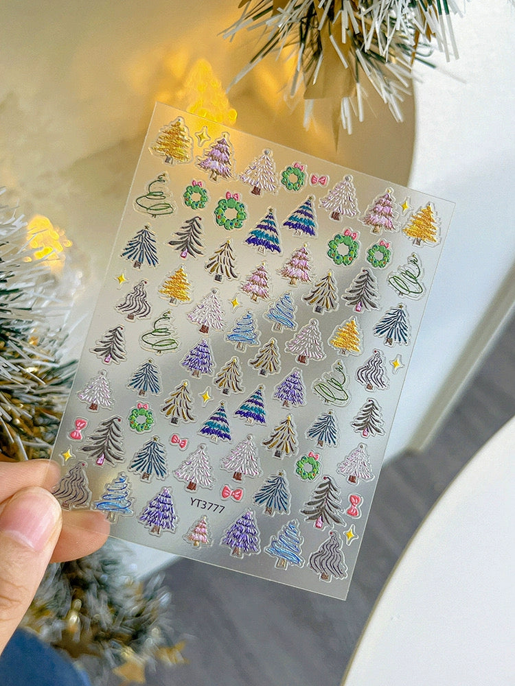 Color Christmas Tree Nail Stickers Four Eight-Pointed Stars Bows Garland Exquisite Lines Embossed Nails