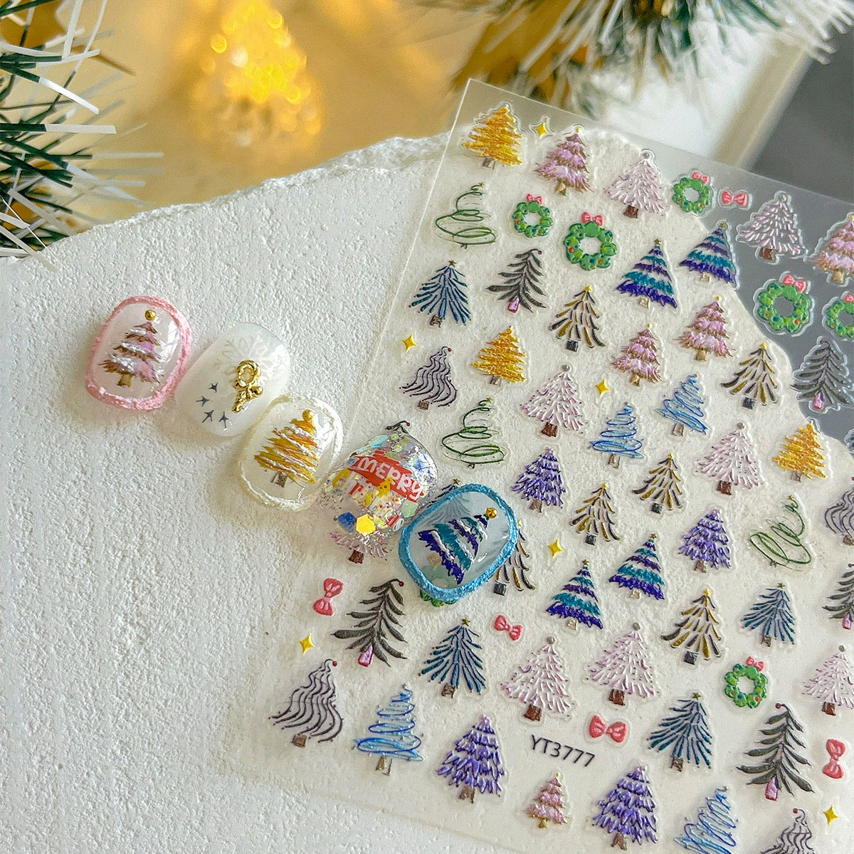 Color Christmas Tree Nail Stickers Four Eight-Pointed Stars Bows Garland Exquisite Lines Embossed Nails