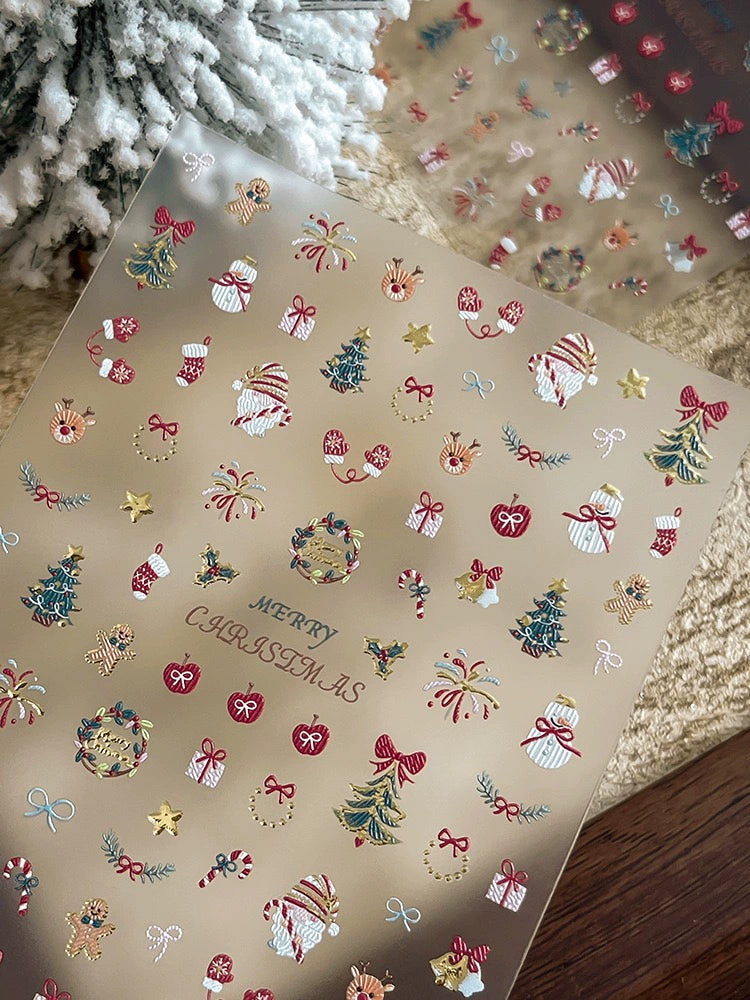 Color Christmas Tree Nail Stickers Four Eight-Pointed Stars Bows Garland Exquisite Lines Embossed Nails