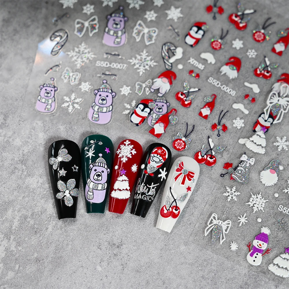 1/2PC 5D Christmas Santa Claus Elk Nail Art Stickers Snowflake New Year Cartoon Nail Decor Decals Xmas Adhesive Manicure Sliders