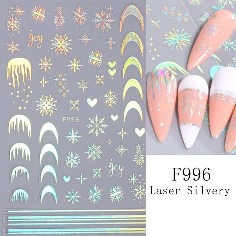 1PCS 3D Laser Snowflake Snowman Nail Stickers Winter Christmas Nail Art Decoration Gold Silver Christmas Tree Nail Art Stickers