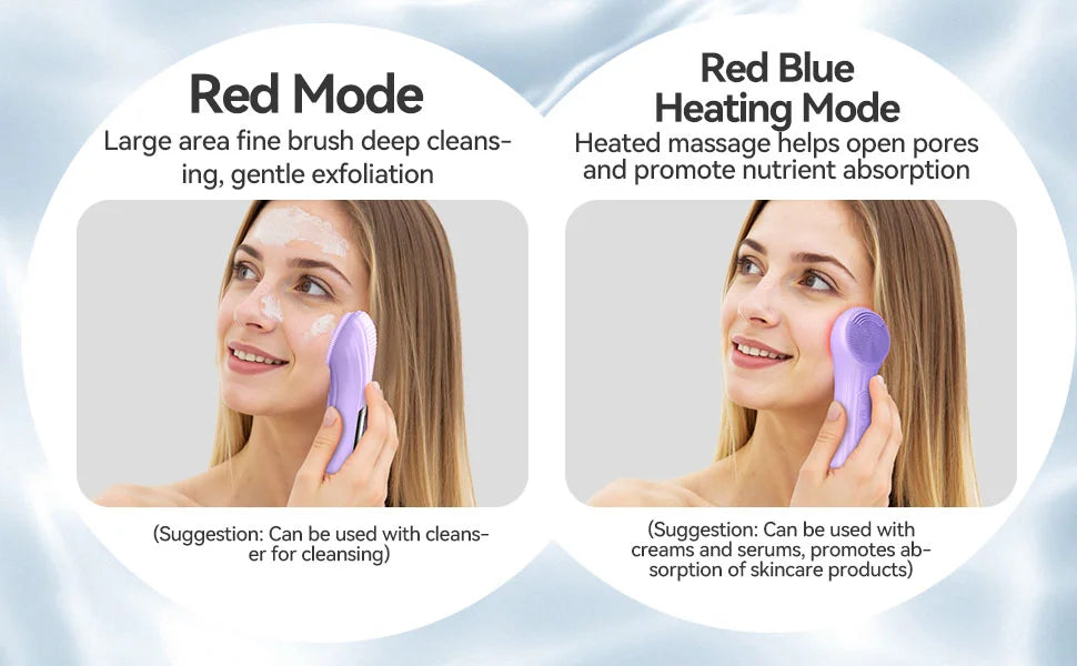 Facial Cleansing Brush, Silicone Face Scrubber with Heat and Vibration 5 Speeds, Waterproof Rechargeable Electric Face Scrub Bru