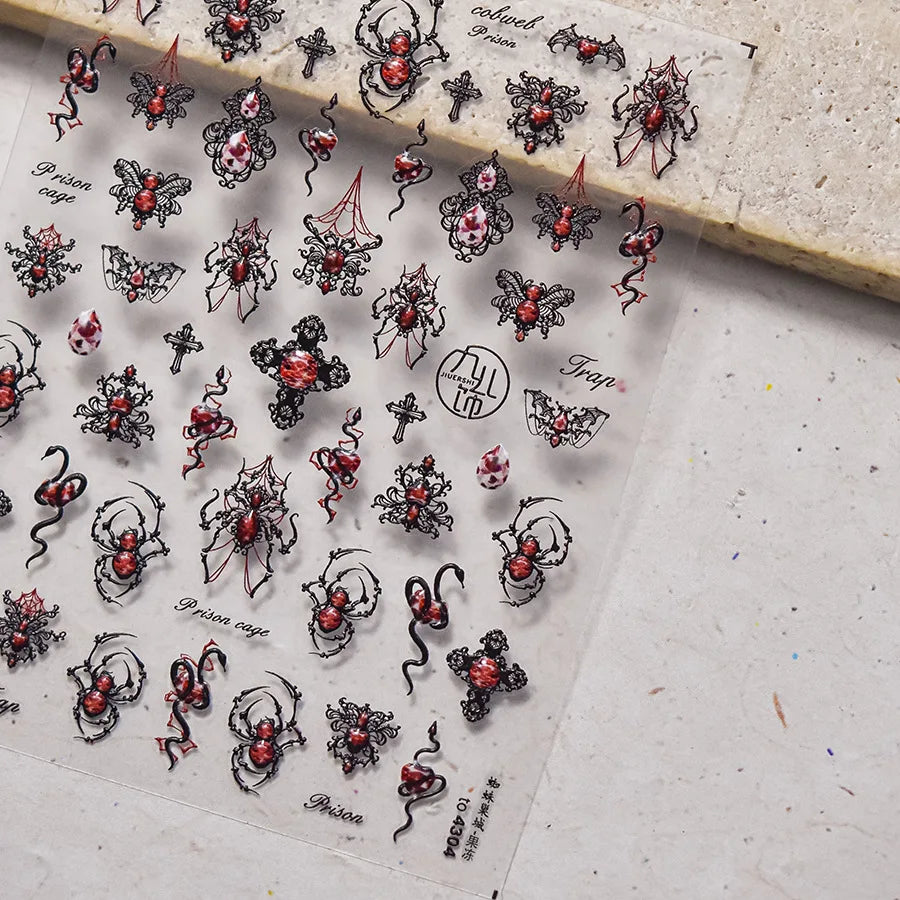 Halloween 5D Nail Art Stickers Sweet Pink Heart-Shaped Pumpkins Black Cat Bat Flocks Ghosts Skeleton Manicure Decal for Girls