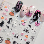 Halloween 5D Nail Art Stickers Sweet Pink Heart-Shaped Pumpkins Black Cat Bat Flocks Ghosts Skeleton Manicure Decal for Girls