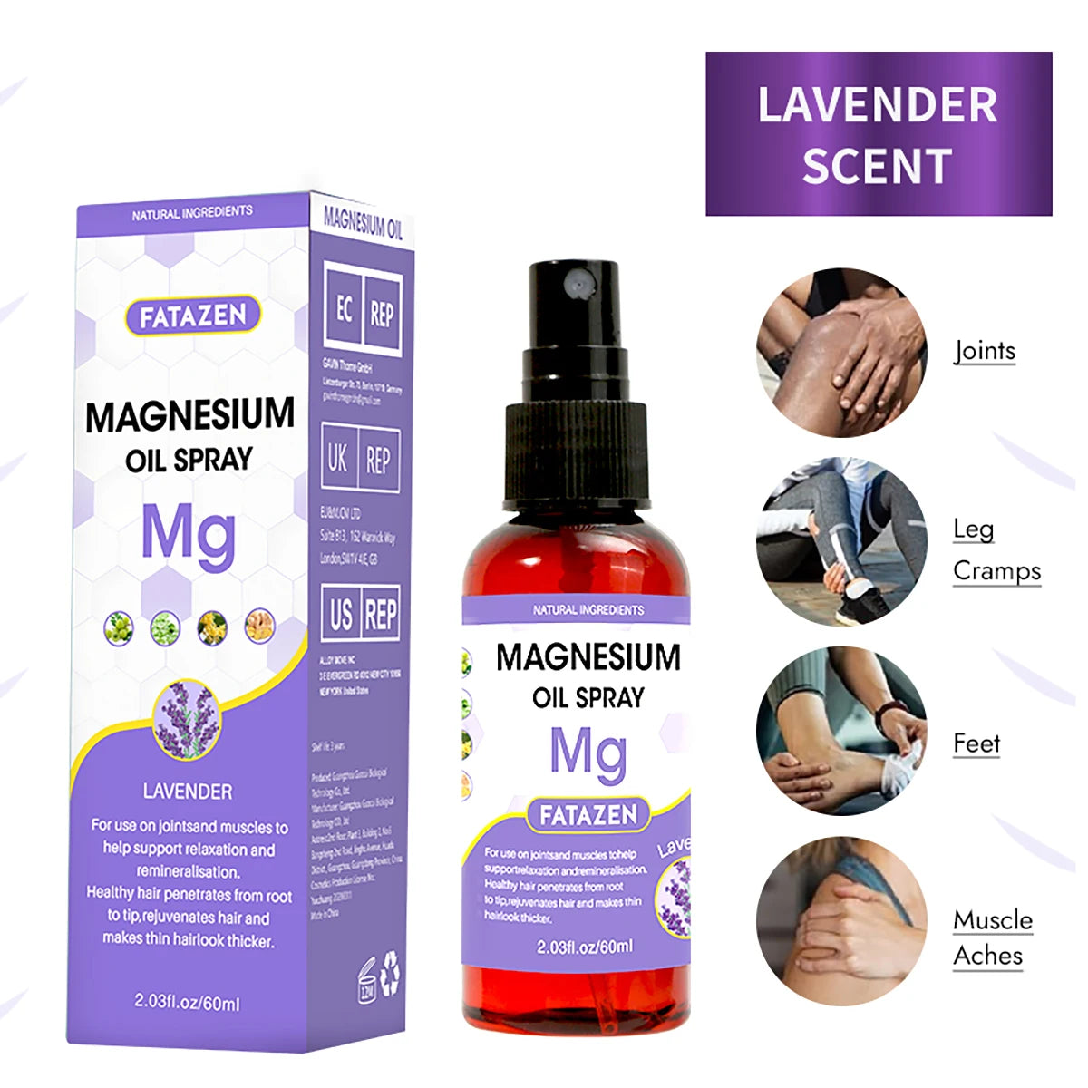 60ml/Bottle Lavender Magnesium Oil Spray, Refreshing and Non Greasy Body Relaxation Spray, Suitable for Summer Sport Daily Use